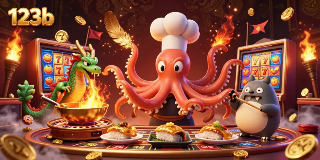 Experience vibrant 123b casino gameplay with a dynamic scene featuring animated characters amidst spinning slot reels and golden elements.