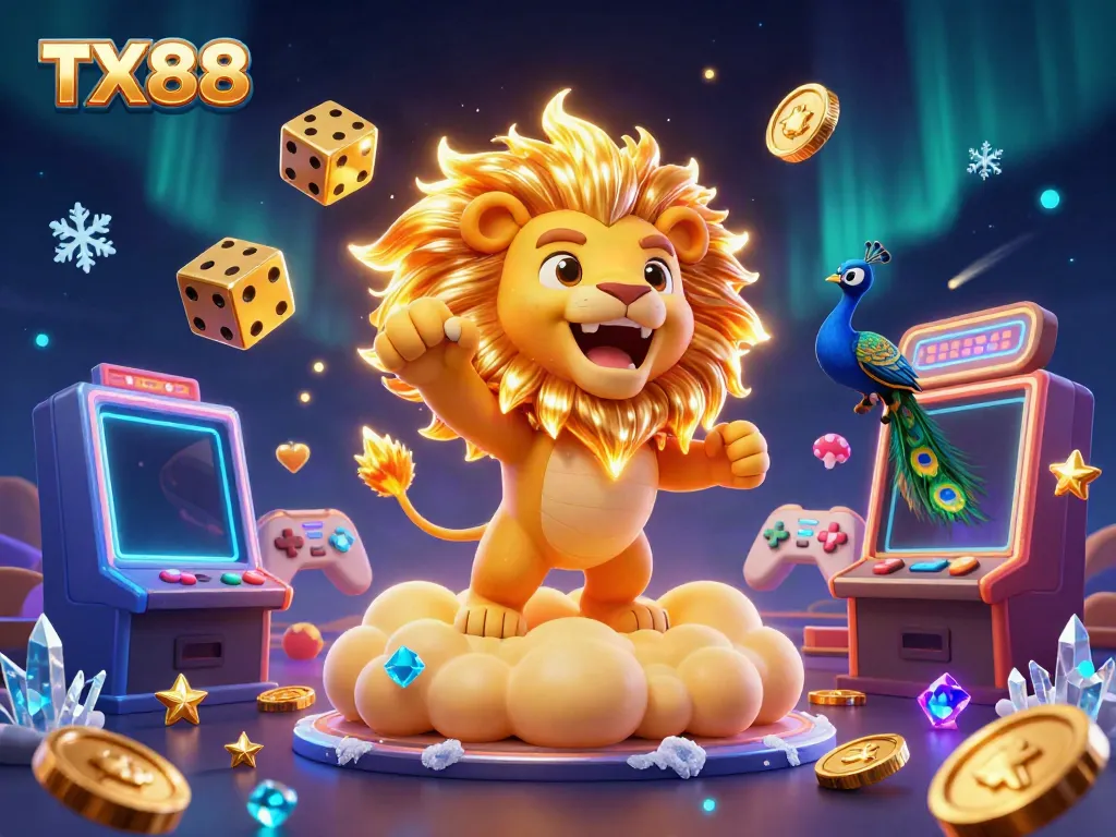 TX88 casino illustration showcasing a roaring lion surrounded by slot machines and gold coins in a vibrant scene.