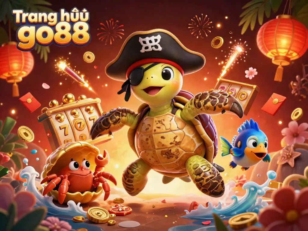 Experience vibrant gameplay at Trang chủ go88 with a 3D illustration of a pirate turtle among casino treasures.