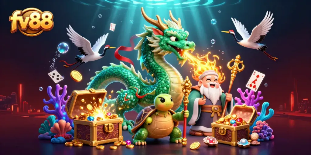 Experience the thrill of fv88 with a vibrant 3D illustration of a dragon and lucky symbols.