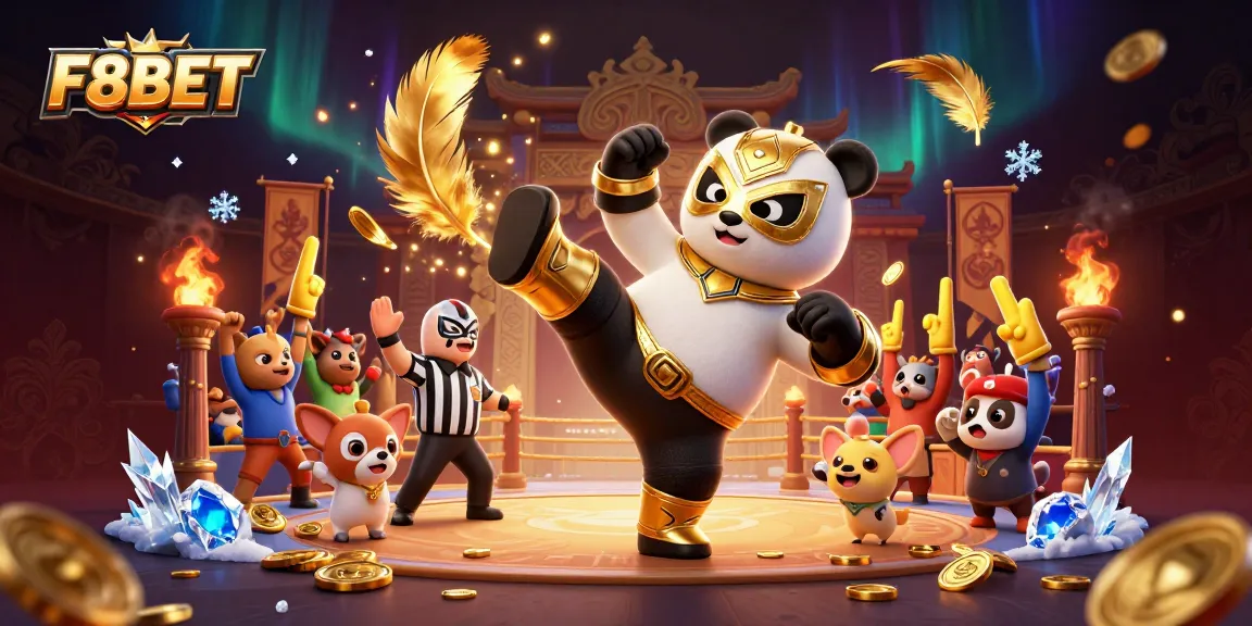 F8BET features exciting live betting as a professional wrestler panda entertains fans in a dynamic casino scene.