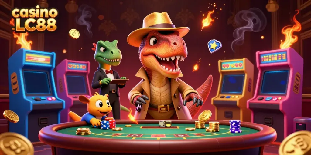 Experience the excitement of casino LC88 with playful dinosaurs at a blackjack table.