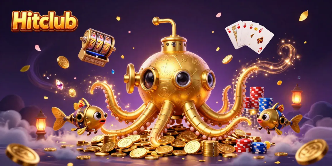 Experience thrilling gameplay at Hitclub with vibrant slot machines, golden kraken, and sparkling coins.