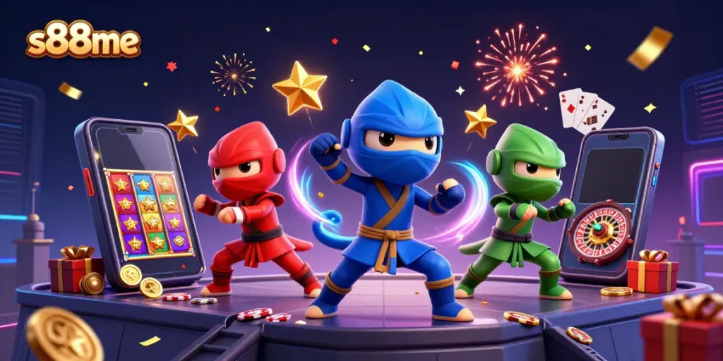 Synchronized chameleon ninjas illustrate exciting gambling action at s88me online casino.