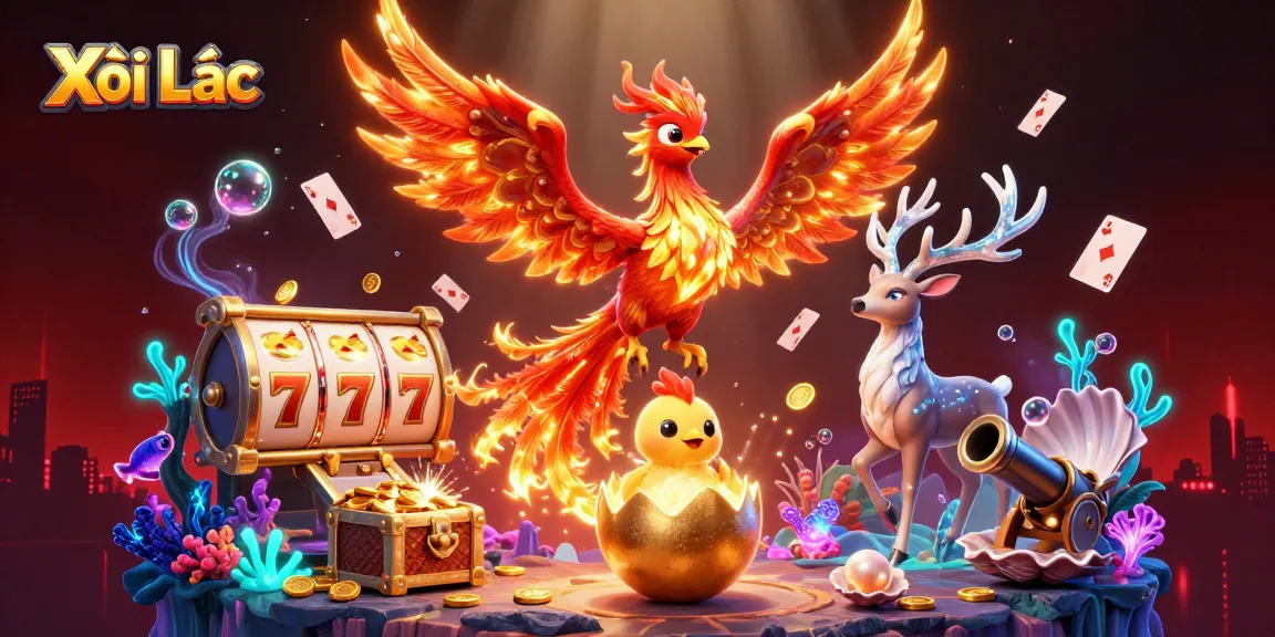 Xôi Lạc unleashes vibrant winning strategies in a dynamic 3D gambling scene with phoenixes and slot reels.