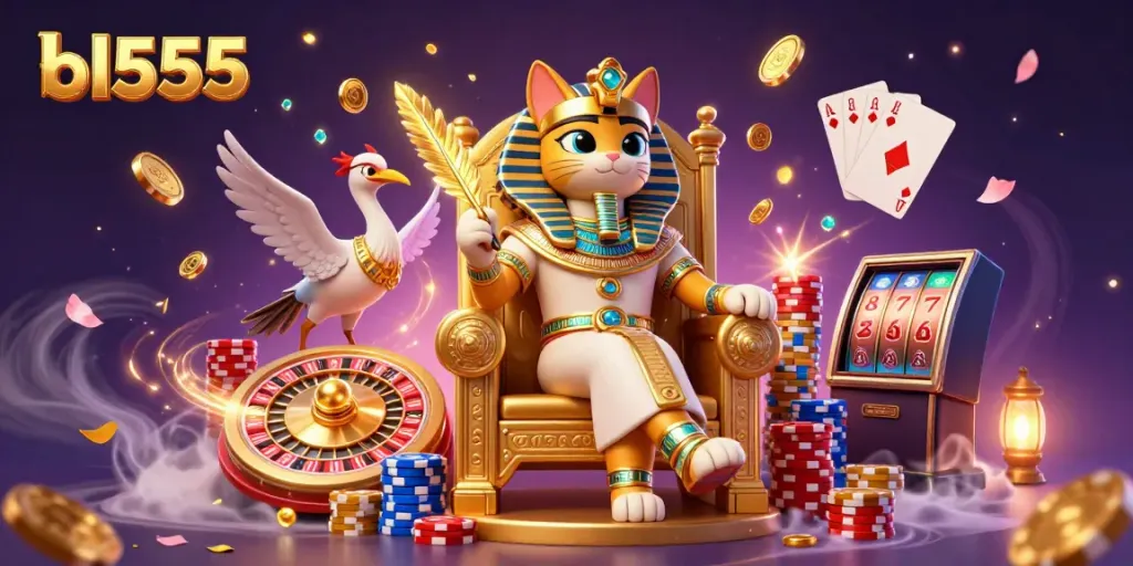 Experience the magic of bl555 with a pharaoh cat and scribe amid dazzling casino elements.