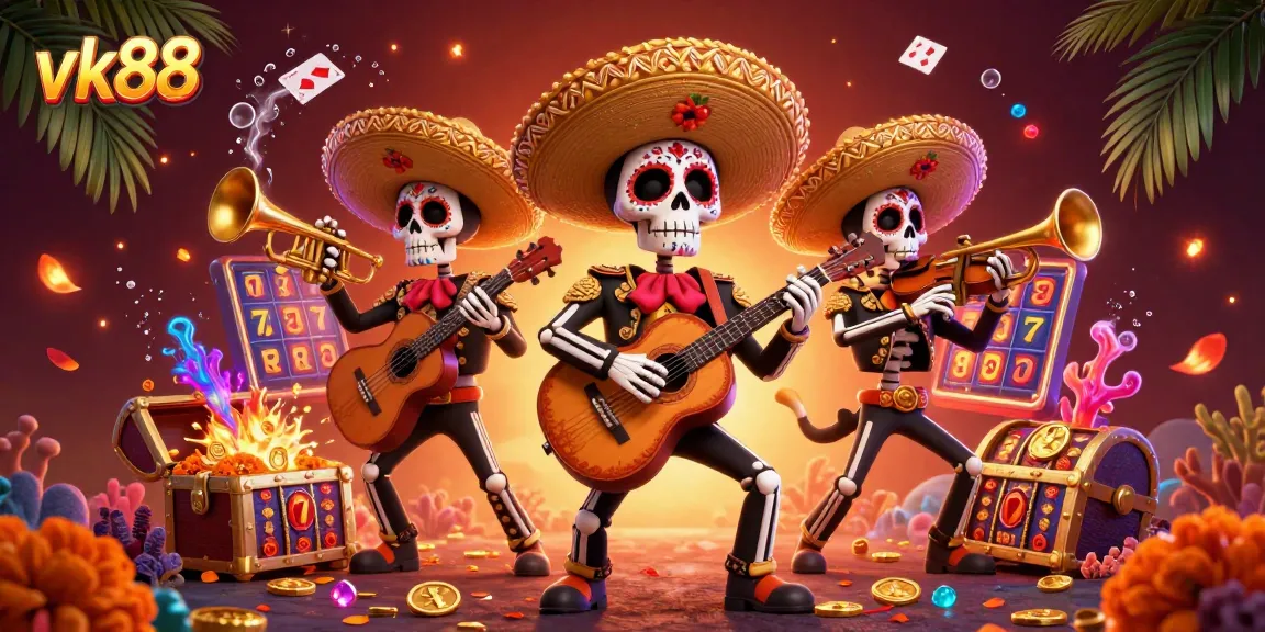 Experience thrilling casino action with vk88's vibrant mariachi band illustration amidst colorful gaming elements.
