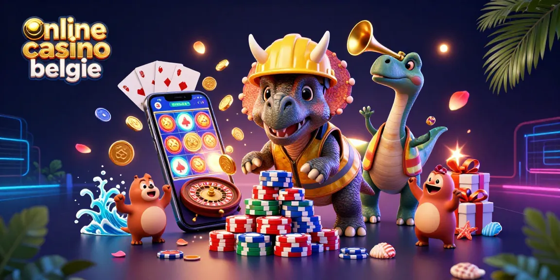 Experience the excitement of online casino belgie with a vibrant 3D illustration of playful dinosaurs and dynamic gaming elements.