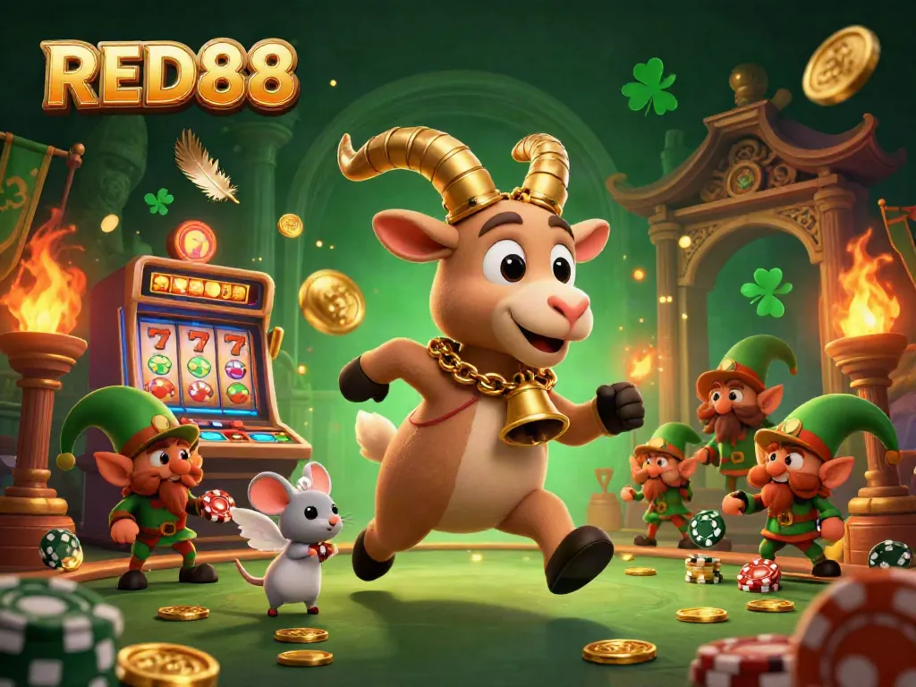 Experience the excitement of RED88 casino with Krampus managing a vibrant gaming atmosphere filled with thrills.