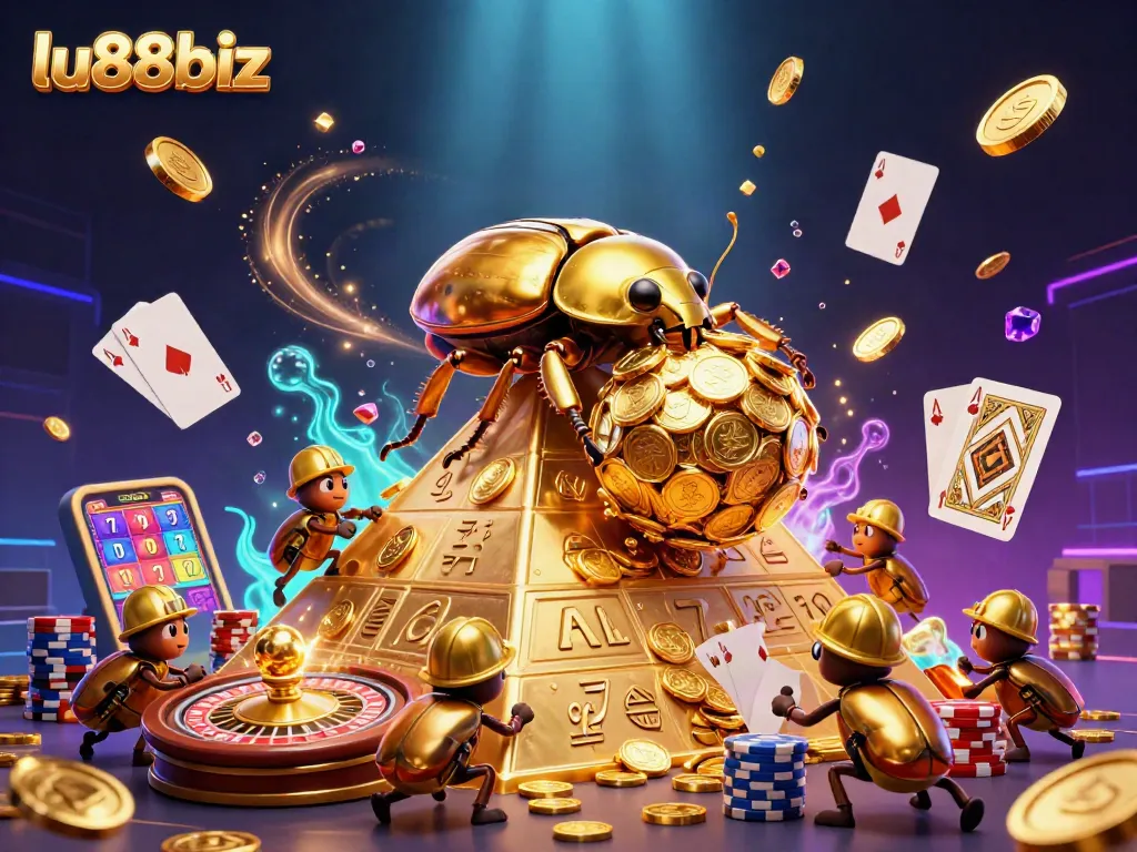 Win big with lu88biz at this vibrant 3D casino illustration featuring golden coins and lively gameplay.