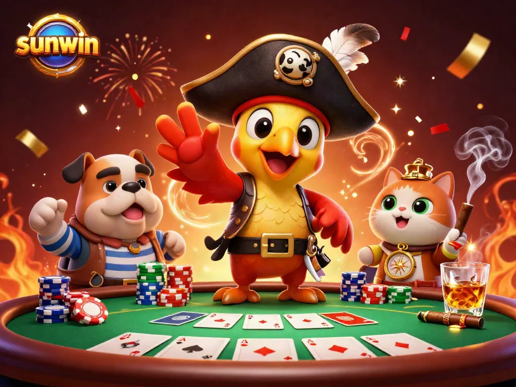 Join the excitement of sunwin gaming with colorful poker elements amidst an energetic pirate scene.