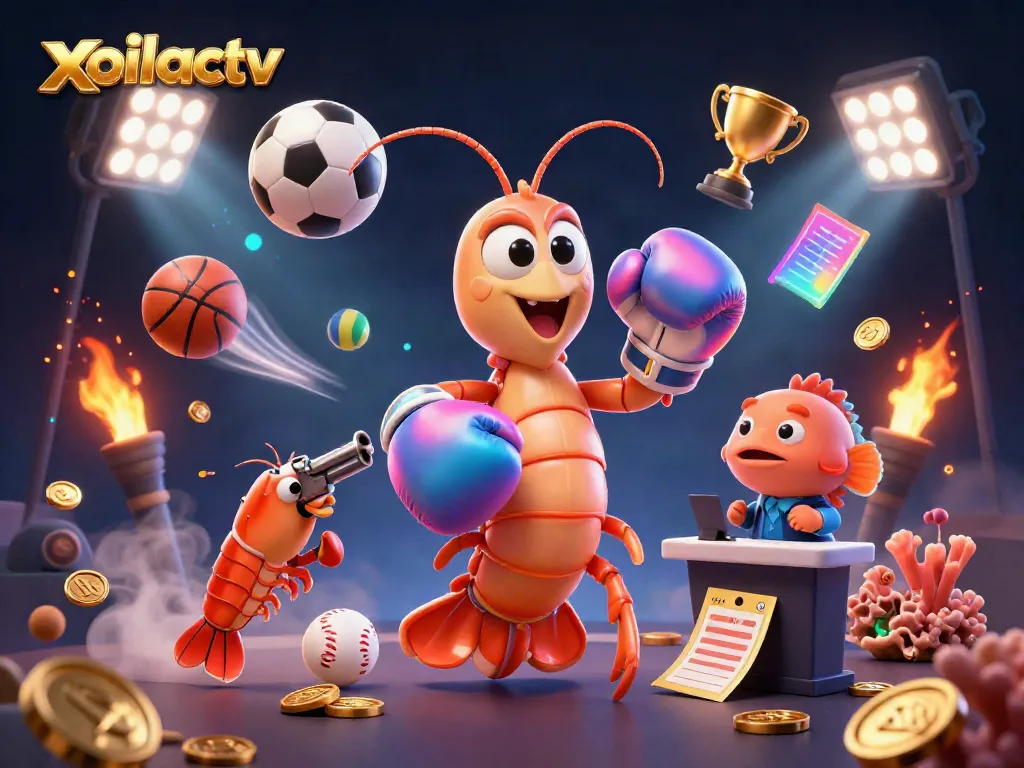 Xoilactv showcases a vibrant 3D cartoon mantis shrimp battling alongside allies, surrounded by dynamic sports betting elements.
