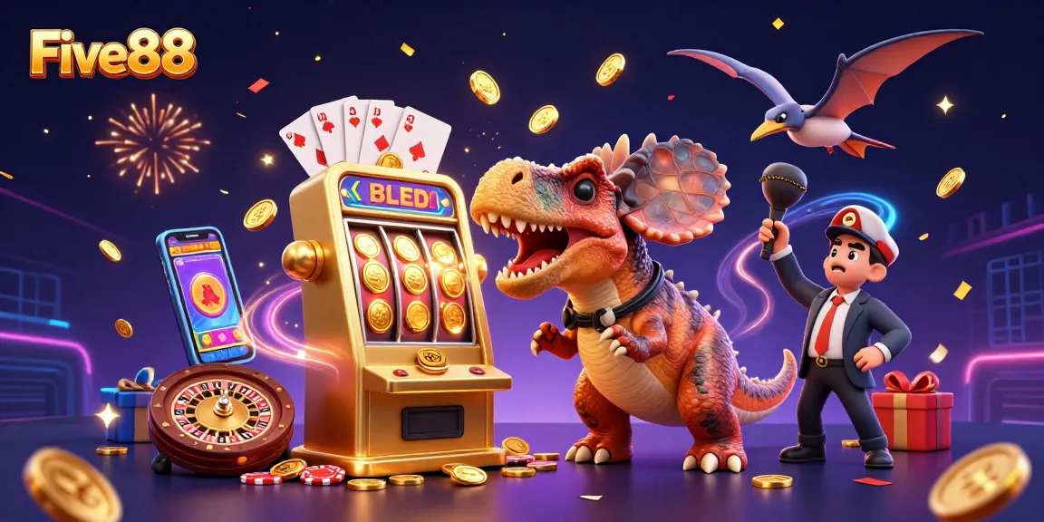 Join the excitement at Five88 as a pachycephalosaurus wins a jackpot, surrounded by animated casino elements!