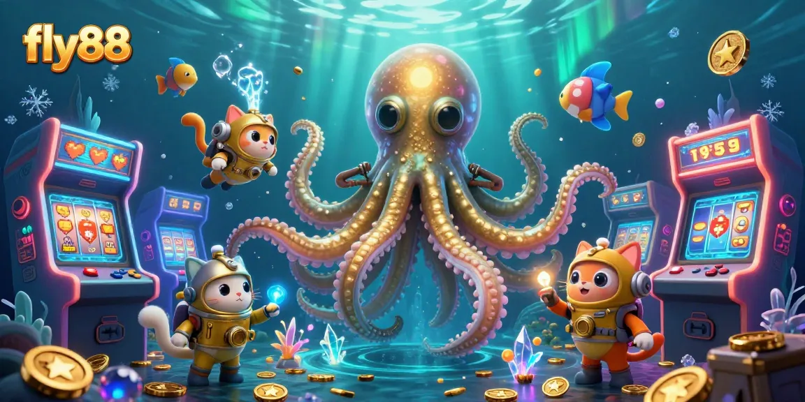 Experience thrilling moments at fly88 with a kraken, diving cat, and casino elements in an underwater scene.