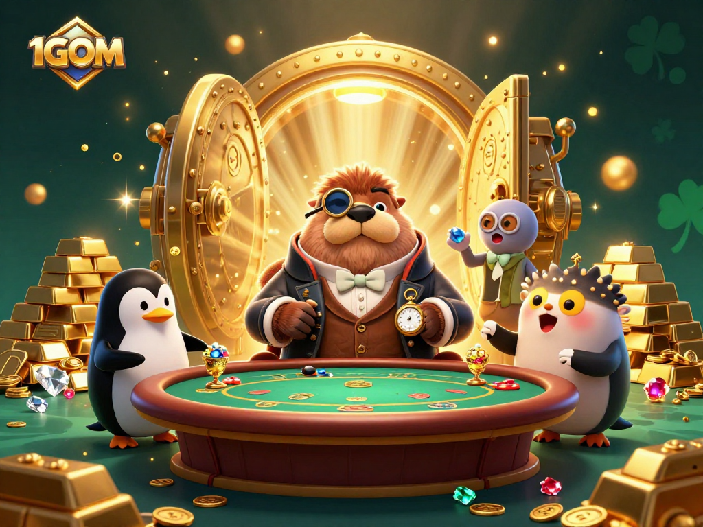 1GOM showcases a lively 3D poker scene with a walrus, a dealer, and a bluffing fish.
