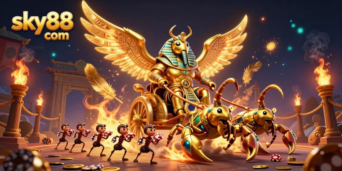 Engage with the dynamic gaming world of sky88 com featuring golden beetles and scorpions in a vibrant casino battle.