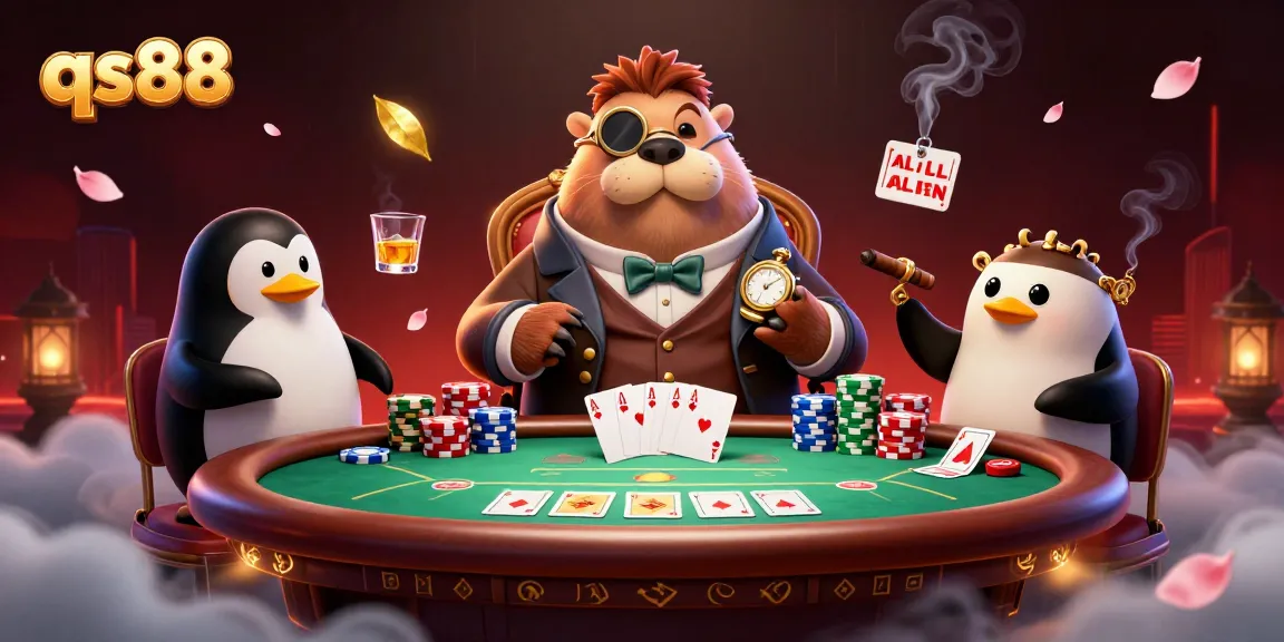 qs88 poker scene with walrus, penguin dealer, and pufferfish player in a vibrant underwater setting