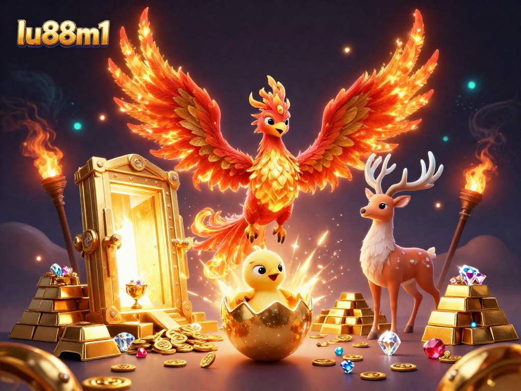 Experience excitement and wins at lu88m1 with a vibrant 3D casino-themed scene featuring rich treasures.