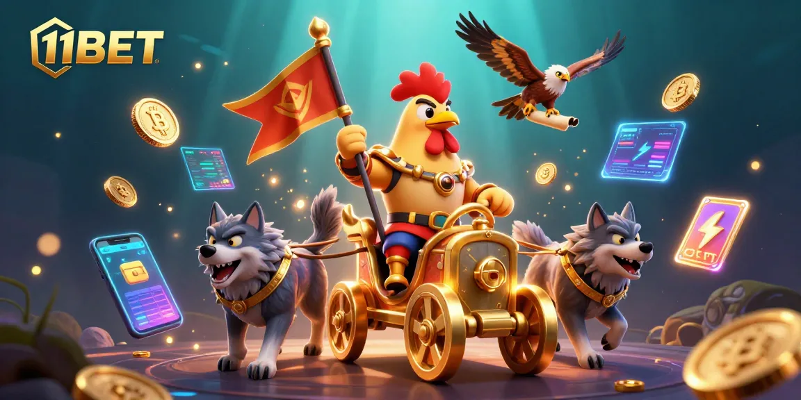 Engage with 11BET’s thrilling action showcasing a 3D cartoon rooster warlord amidst vibrant gambling elements.