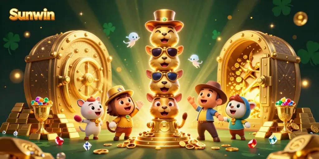 Sunwin showcases a vibrant casino scene with a mystical totem and treasures, inviting players to join in.