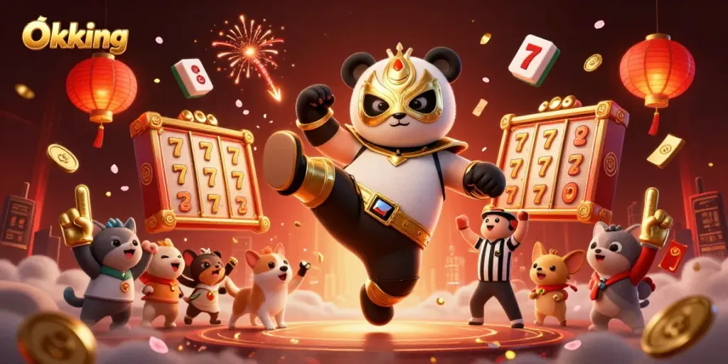 Witness the excitement of Okking with a panda wrestler, golden reels, and vibrant festival elements!