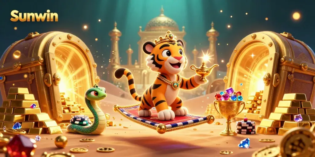 Engage with Sunwin's magic through this vibrant 3D casino adventure illustration.