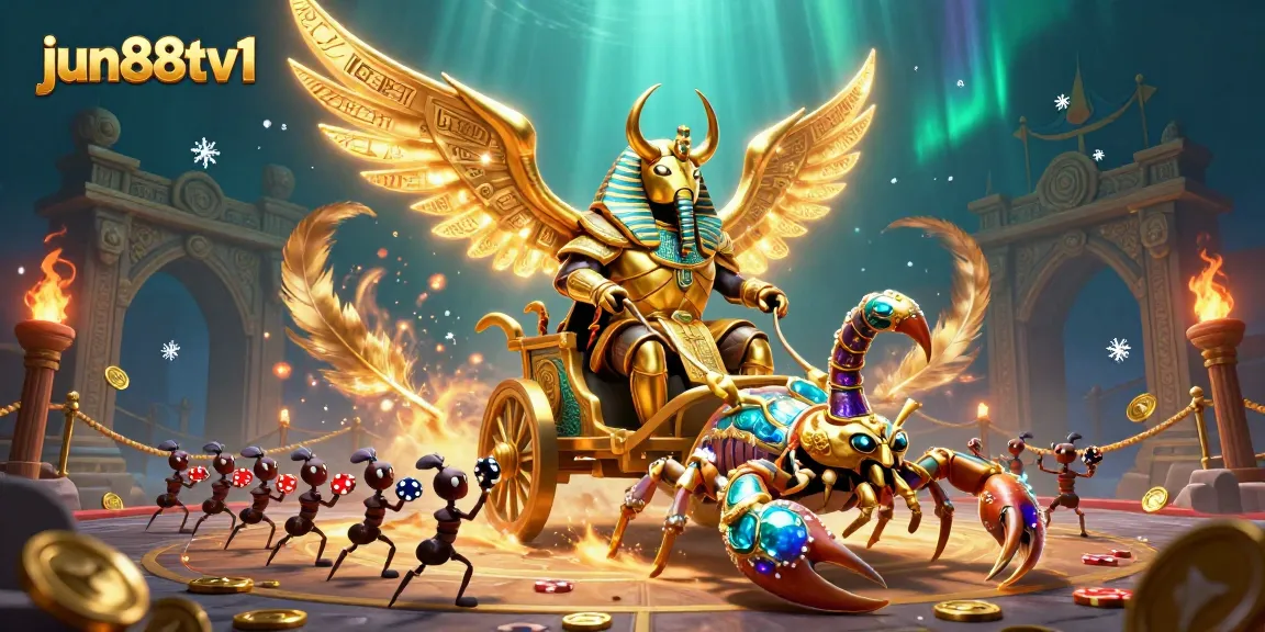 Engage in thrilling gambling action at jun88tv1 with a vibrant casino scene featuring ancient symbols, gold, and dynamic chariot racers.
