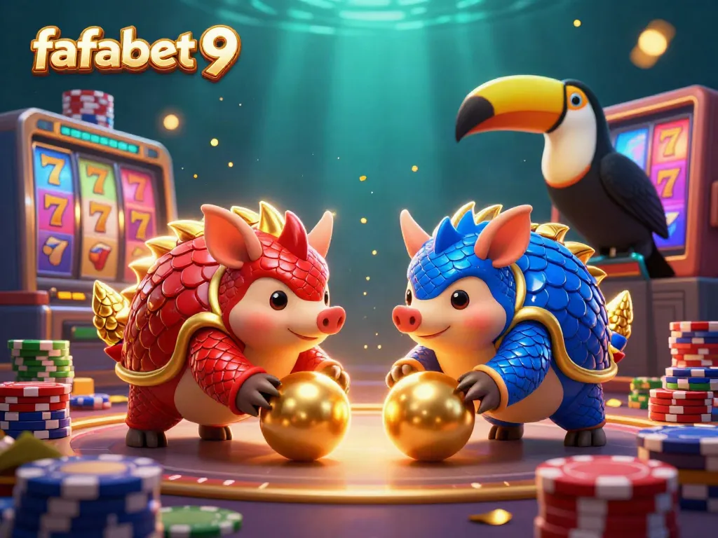 Experience the thrill of fafabet 9 with rival pangolins bowling golden balls amid sparkling slots and poker chips.
