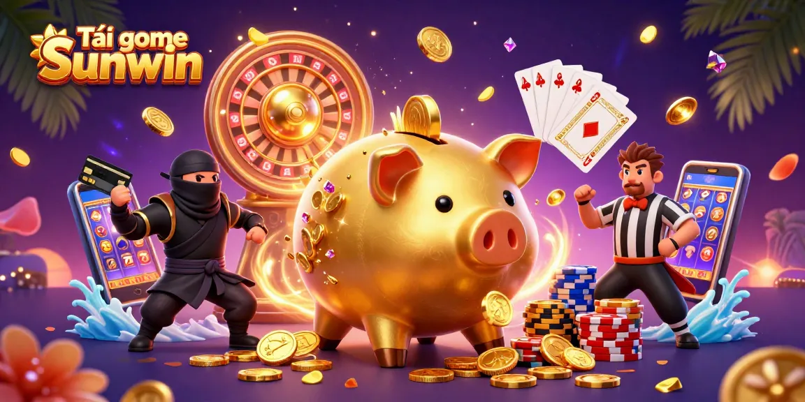 Experience Tải game Sunwin with golden coins, vibrant casino elements, and expert characters.