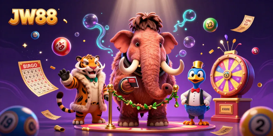 Win big with JW88 at this vibrant, action-packed casino scene featuring colorful games and lively characters.