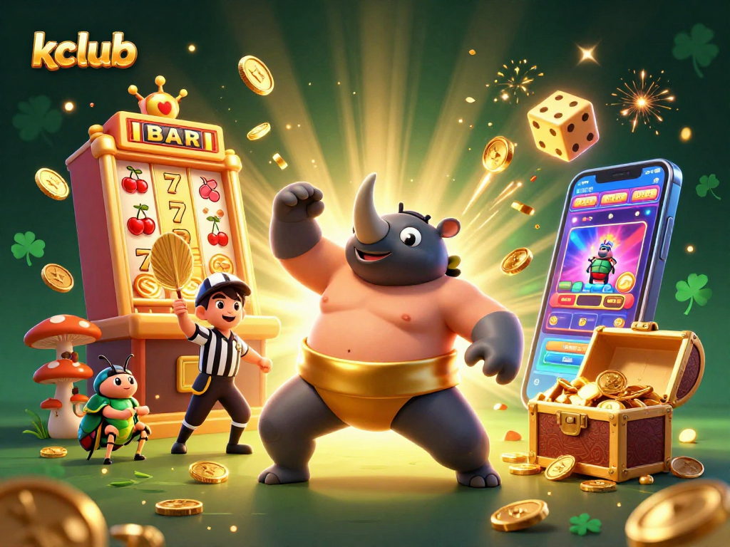 Kclub's exciting 3D illustration captures a roaring sumo champion beetle amidst a jackpot explosion of coins, enhancing your gaming experience.