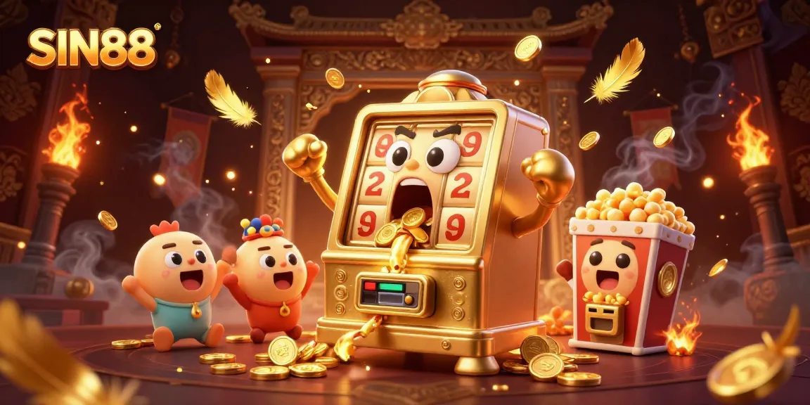 SIN88 showcases a golden slot machine celebrating a jackpot as coins cascade, surrounded by cheering machines.