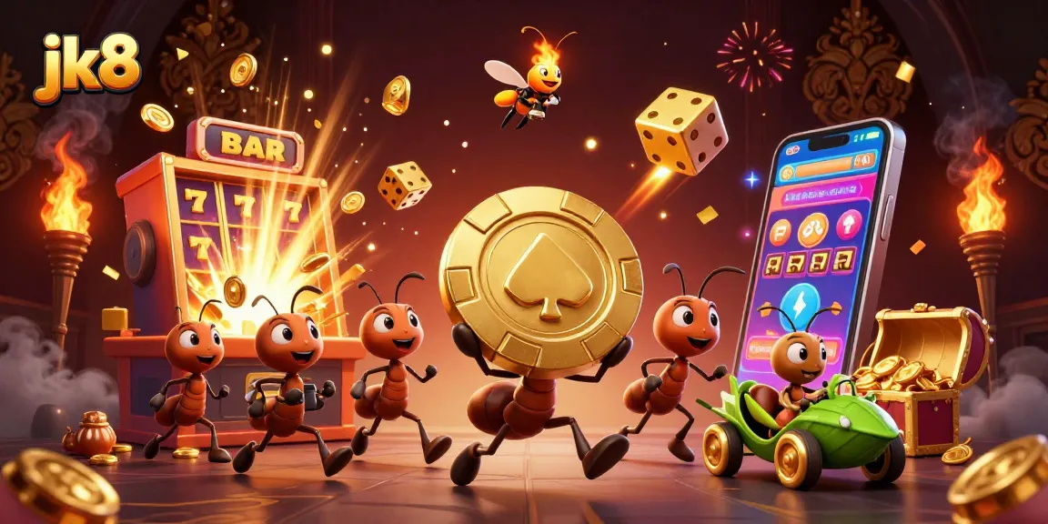 Experience the thrill of jk8 with a cartoon heist scene featuring ants, golden chips, and dynamic casino elements.