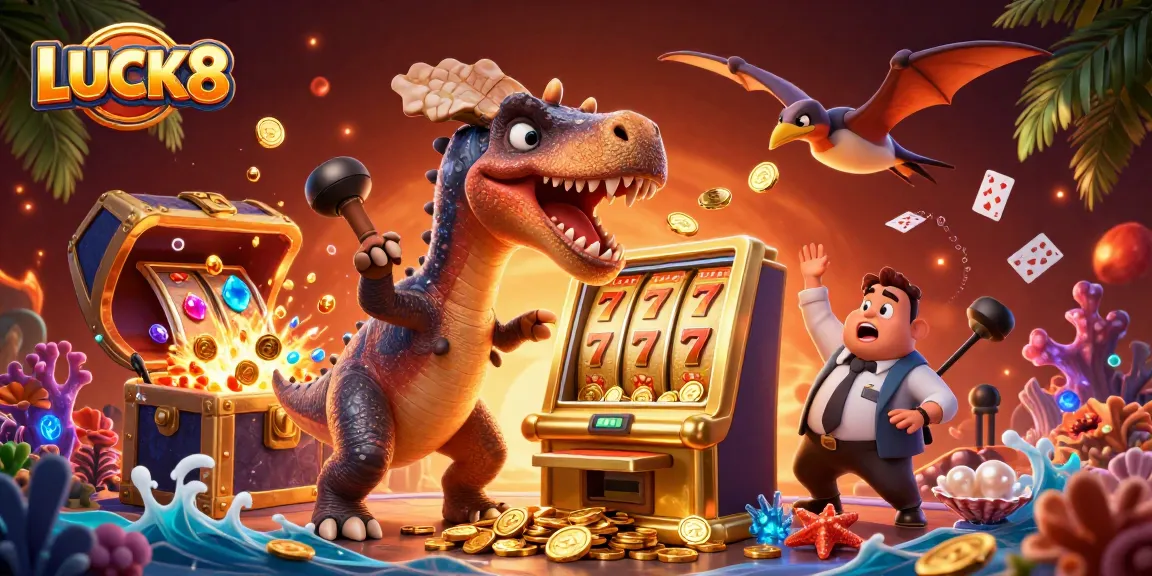 Play slots with LUCK8, as a dinosaur triggers jackpots amidst gold coins and fun gambling elements.