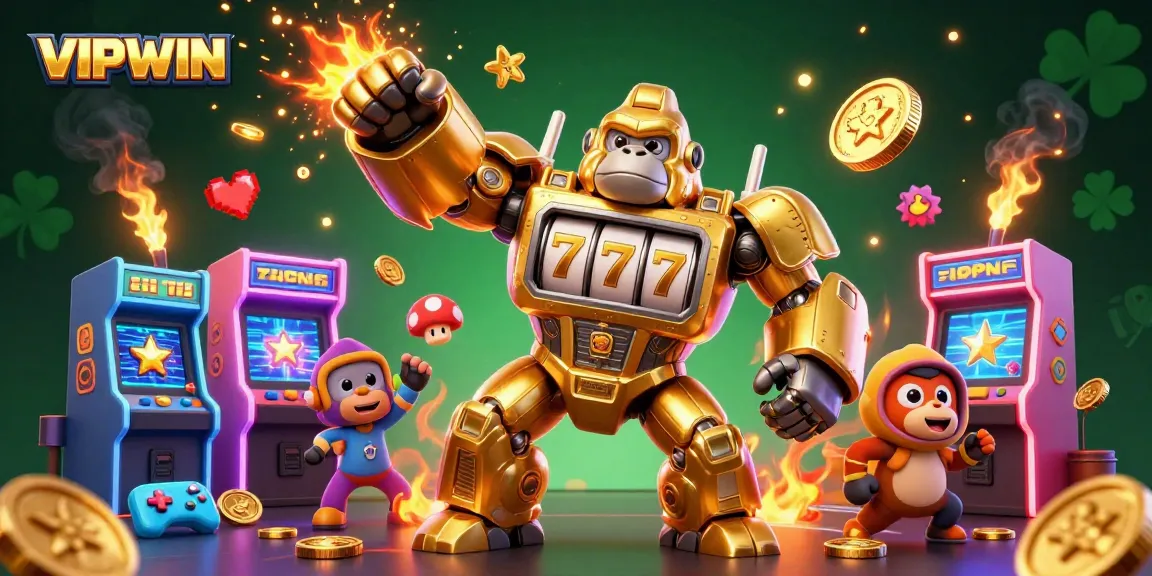 Experience the excitement of VIPWIN with a dynamic gorilla mech amidst colorful casino-themed arcade elements.