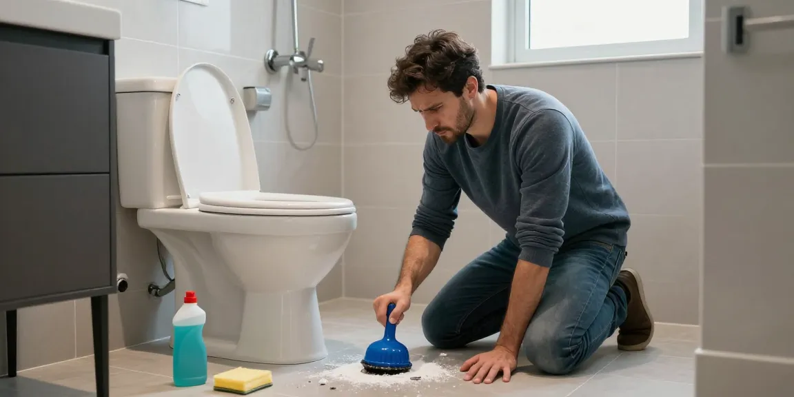 Verstopte wc? Thuis eigenaar met rubberen plunjer bij toilet.