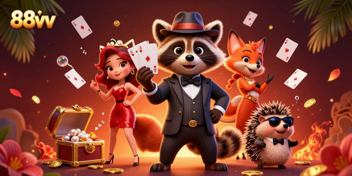 88vv celebrates winning moments with a raccoon in a suit, fox lady, and hedgehog in a lively casino scene.