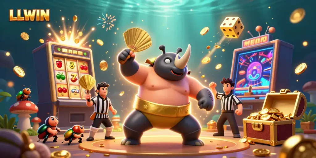 Experience excitement with LLWIN as a sumo beetle champion celebrates a jackpot in a lively casino scene.