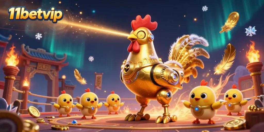 Engage with exciting gameplay action at 11betvip featuring a golden rooster robot and baby chick drones.