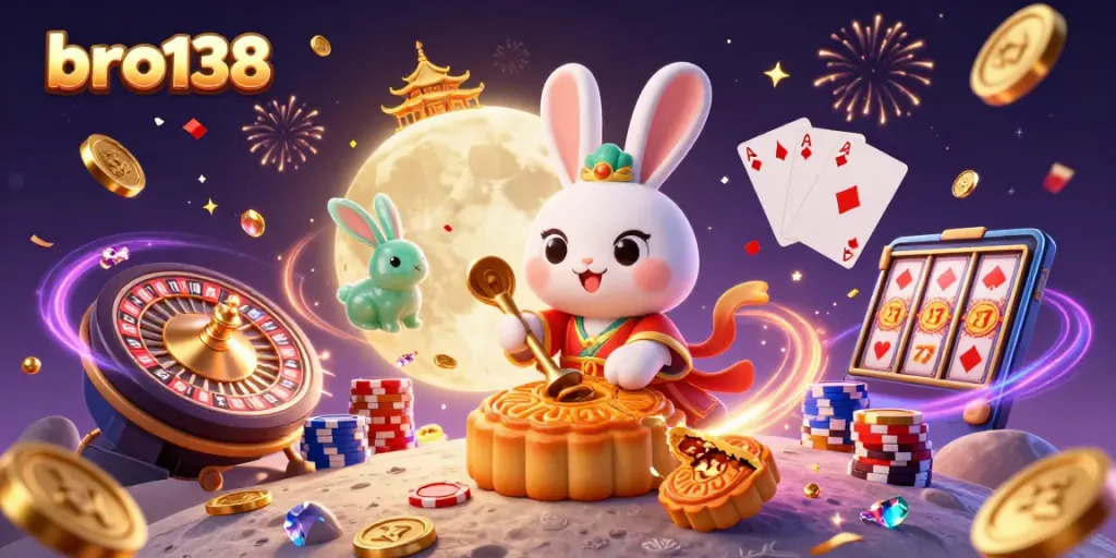 Bro138 players enjoy vibrant gaming experience with moon rabbit and casino elements in action
