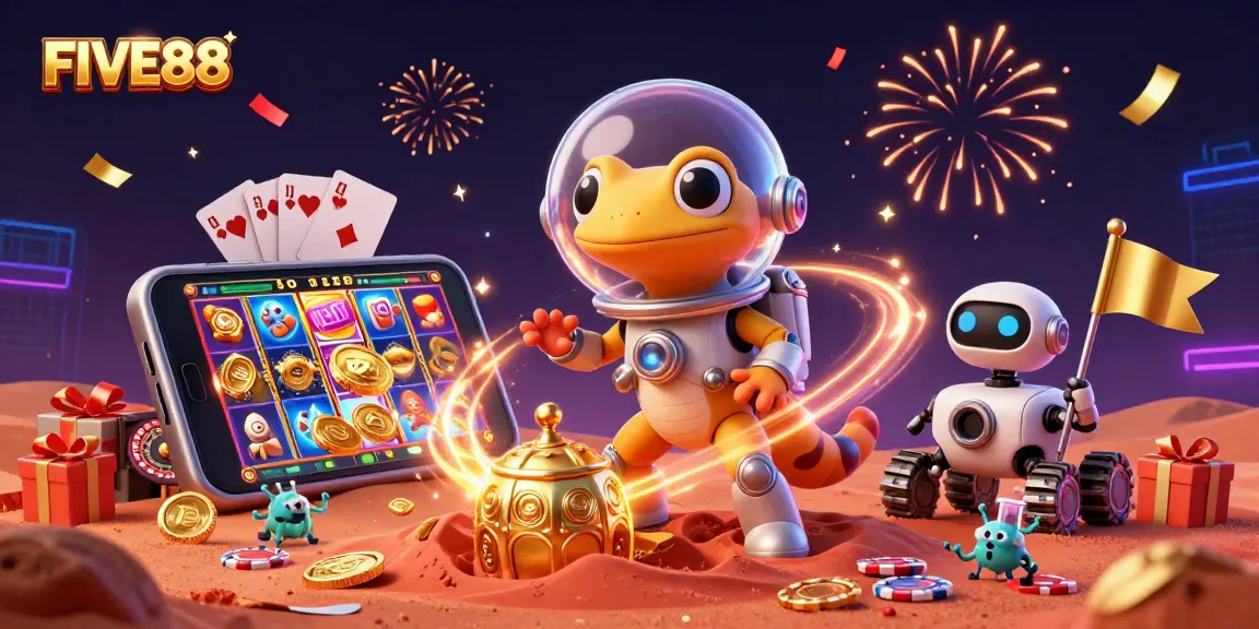 Engage with FIVE88's vibrant online casino experience featuring Martian gecko discovering a golden casino.