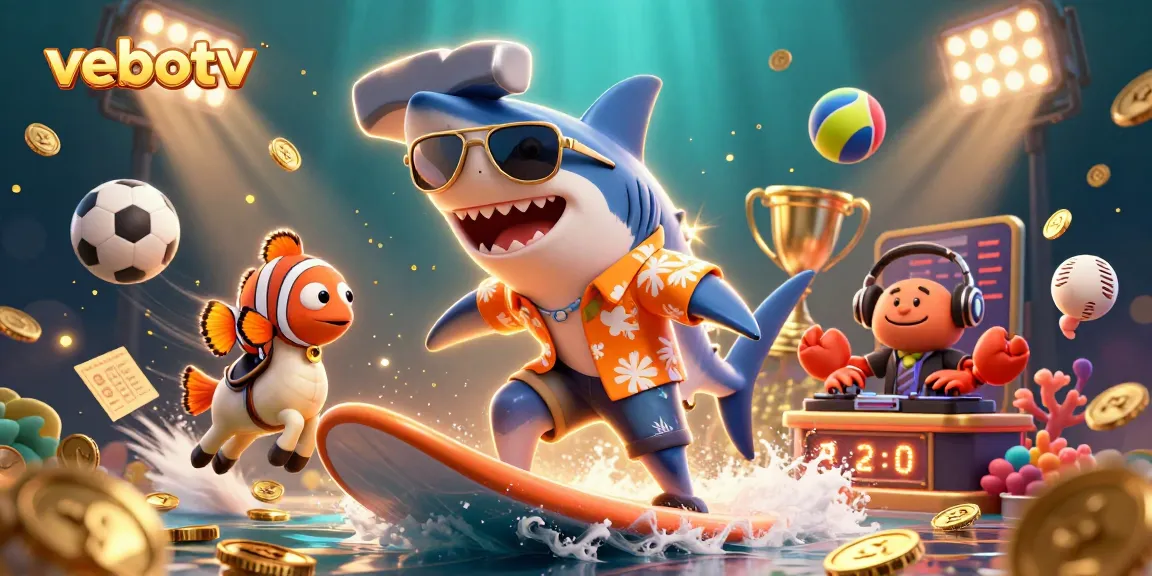 Experience live sports with vebotv while a shark surfs on coins amidst sports elements.