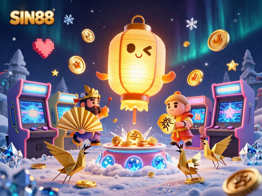 SIN88 showcases vibrant casino energy with a golden lantern spirit and arcade excitement.