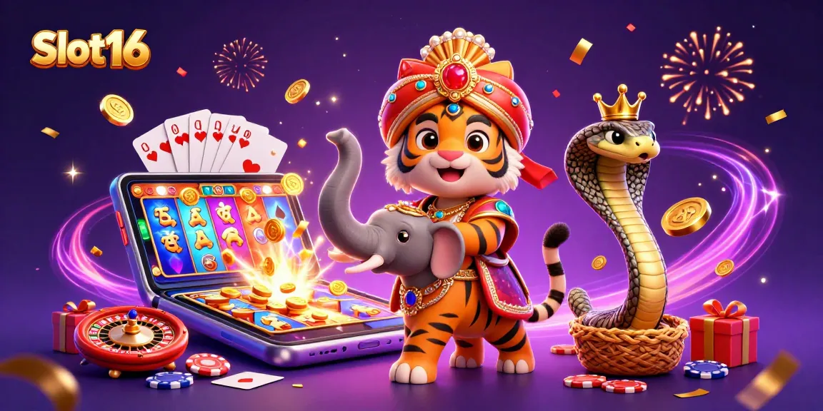 Experience the excitement of Slot16 with a colorful scene featuring a maharaja tiger, elephant, and dynamic gaming elements.