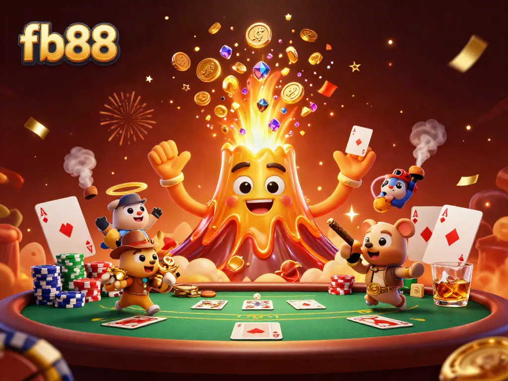 Experience the excitement at fb88 with a dynamic casino-themed 3D illustration showcasing vibrant characters and game elements.