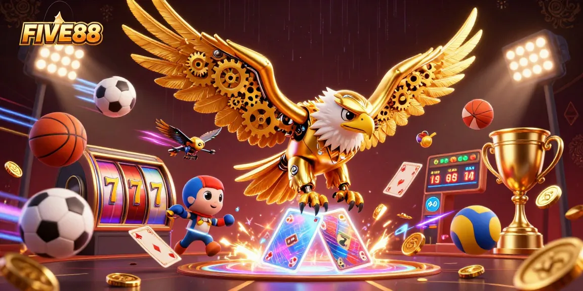 Experience the thrill of winning with FIVE88 in this dynamic 3D casino illustration showcasing golden eagles and vibrant game elements.