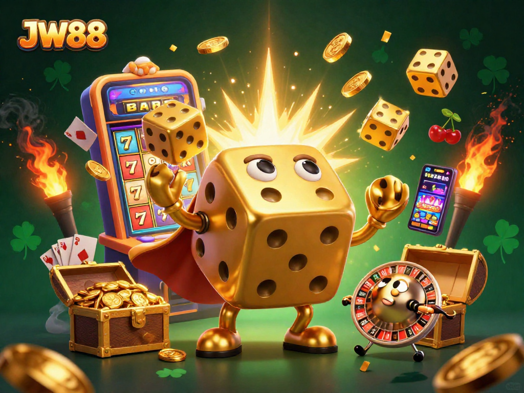 JW88 brings winning thrills with vibrant 3D casino art featuring golden dice and slot machines.