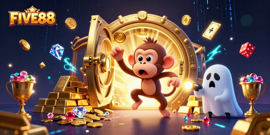 Engage in the thrill of FIVE88 with a dynamic 3D illustration showcasing a mischievous poltergeist monkey.