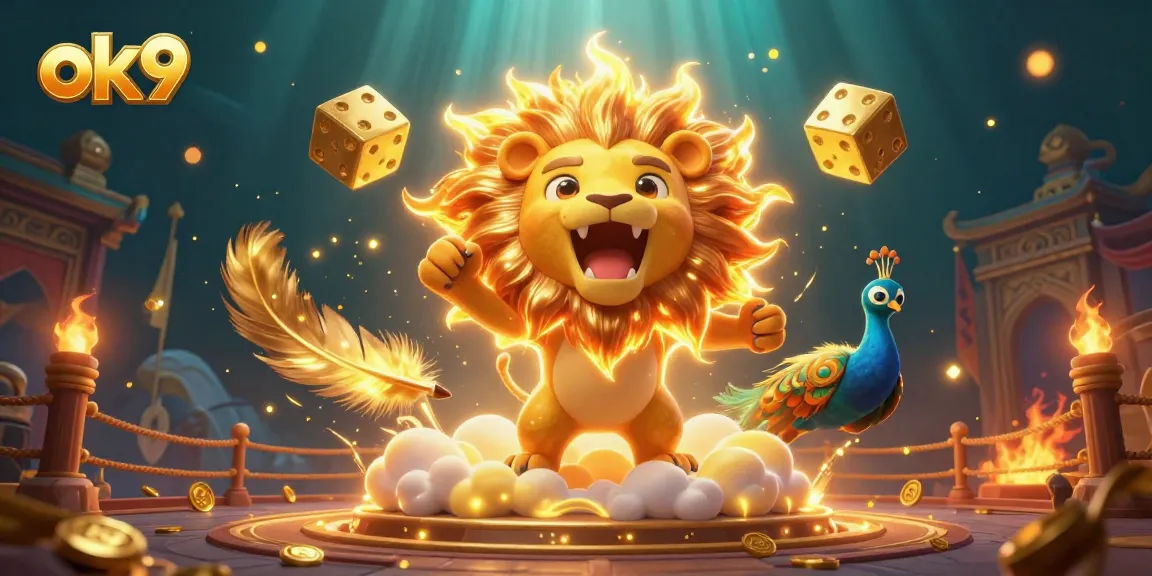 Experience thrilling games at ok9 with a vibrant 3D casino scene featuring dazzling characters and elements.