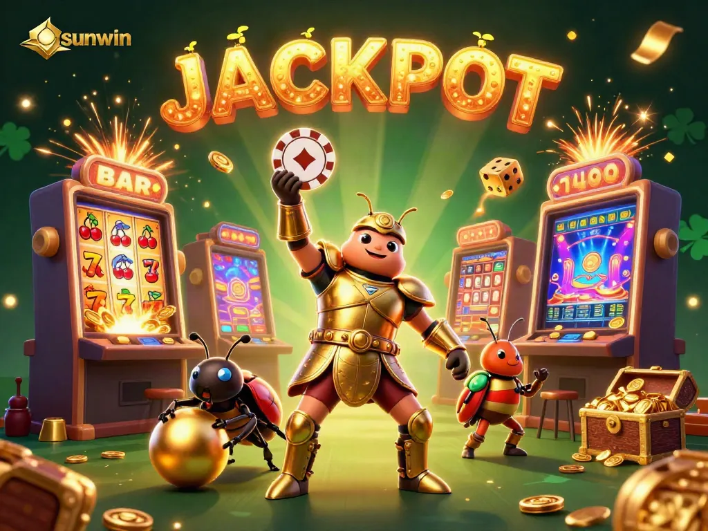 Experience the sunwin jackpot with dynamic gaming elements and vibrant characters celebrating victories.